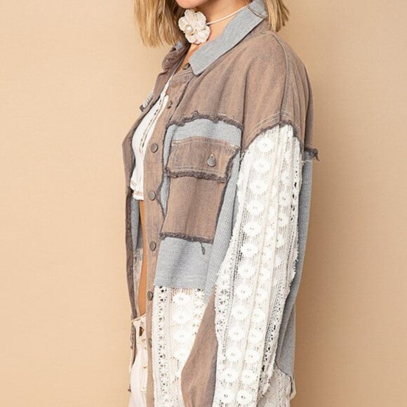 024 POL Oversize Lace Crochet Button Down Shirt/Dusty Grey NEW Size Large - Picture 2 of 2